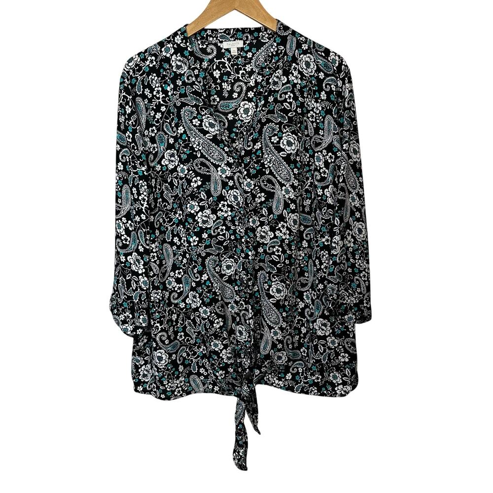 Talbots Floral Bohemian Tie Front Blouse Womens 3X Blue Black White Paisley Top